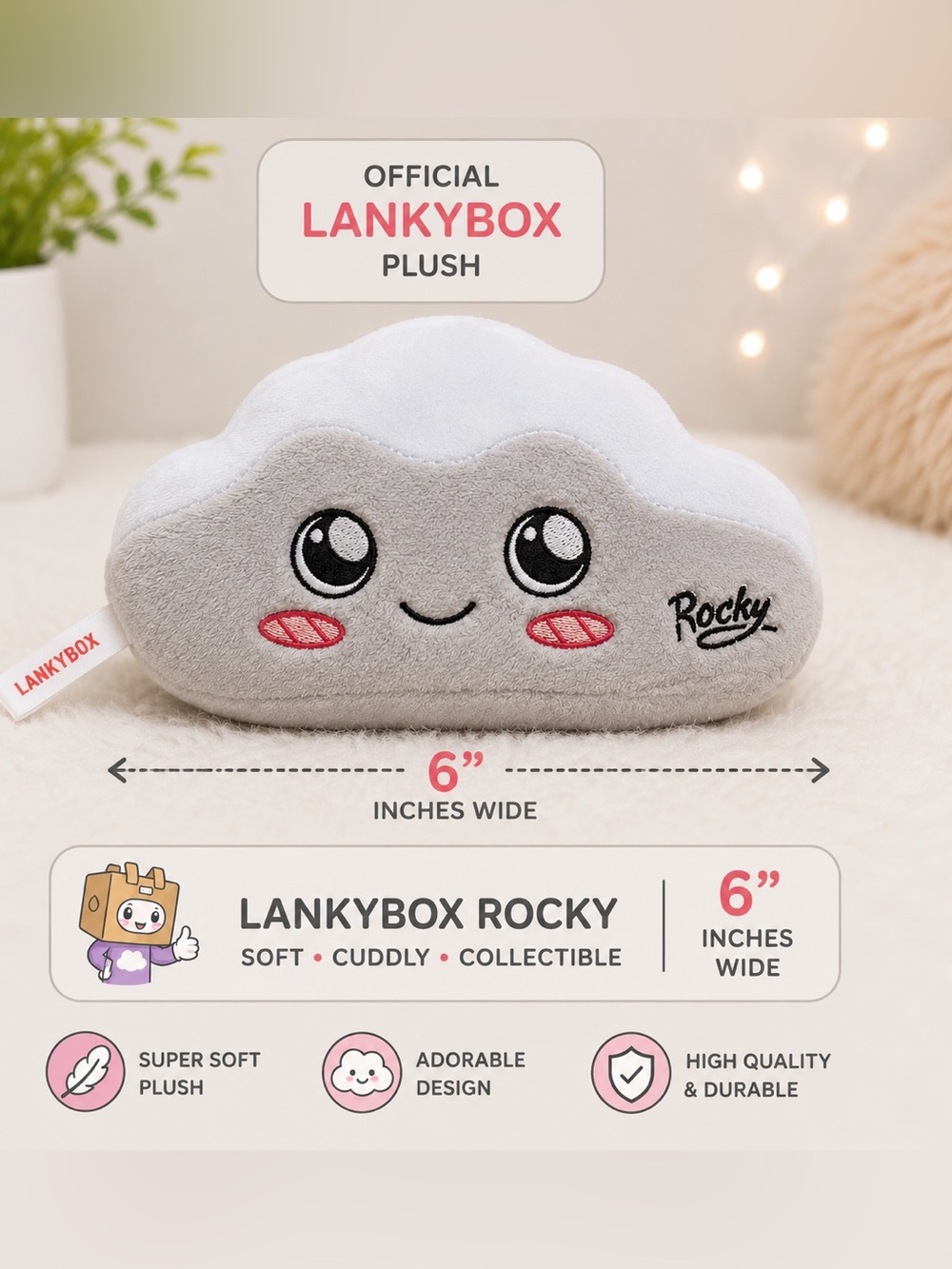 LankyBox Rocky 6” Plush Stuffed Toy Gray Cute Soft Collectible Plushie EU